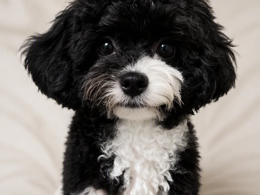 A small black and white poodle sitting on a cream blanket, looking to camera