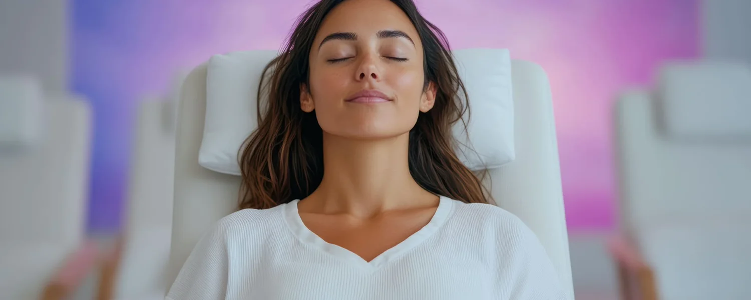 A woman resting peacefully with her eyes closed, bathed in soft violet light