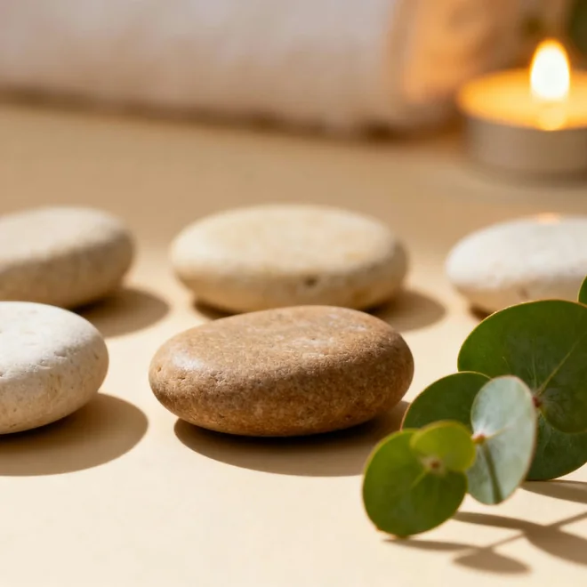 Lit candles, smooth stones and a sprig of eucalyptus on a pale surface
